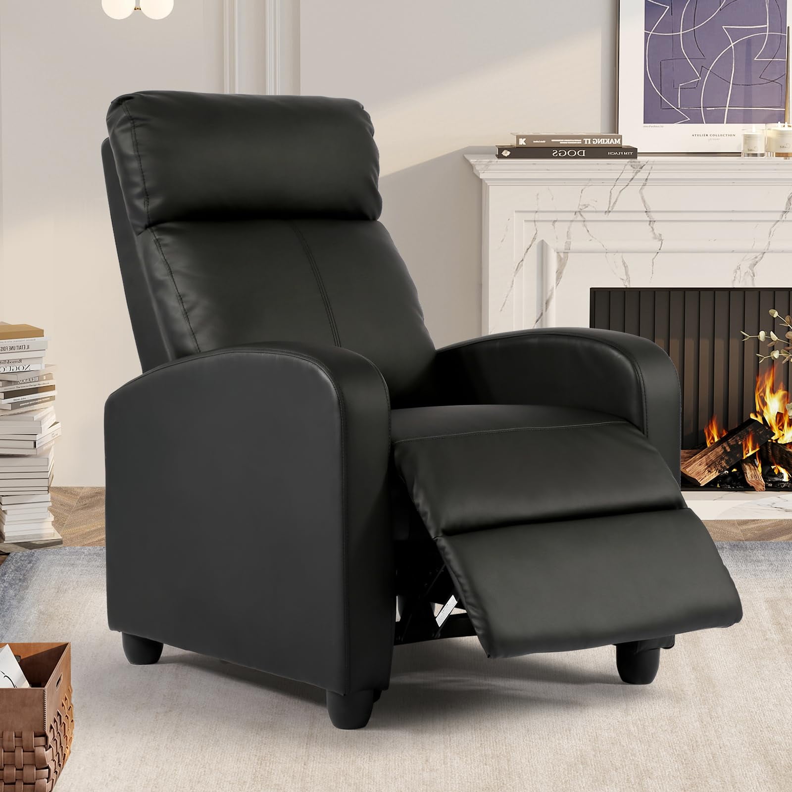 NiamVelo Recliner Chair for Adults, PU Leather Recliner Sofa with Lumbar Support, Adjustable Modern Reclining Chair with Padded Seat Backrest for Home, Living Room, Theater （Black）