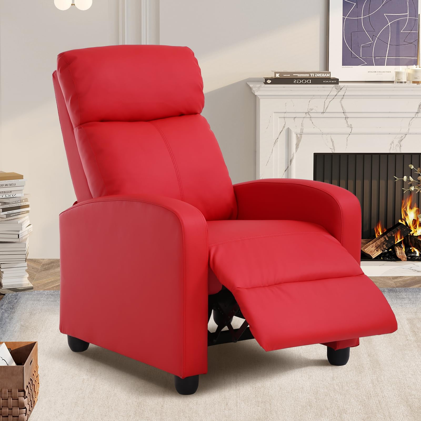 Red Faux Leather Recliner with Wood Frame
