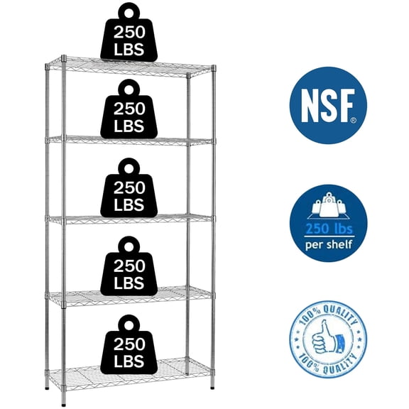 Heavy Duty 5 Tier Adjustable Wire Storage Shelves, NSF Approved Chrome Metal Shelving Rack 36×14×72 Inch, 1250lbs Utility Organizer for Home Kitchen Garage, Silver