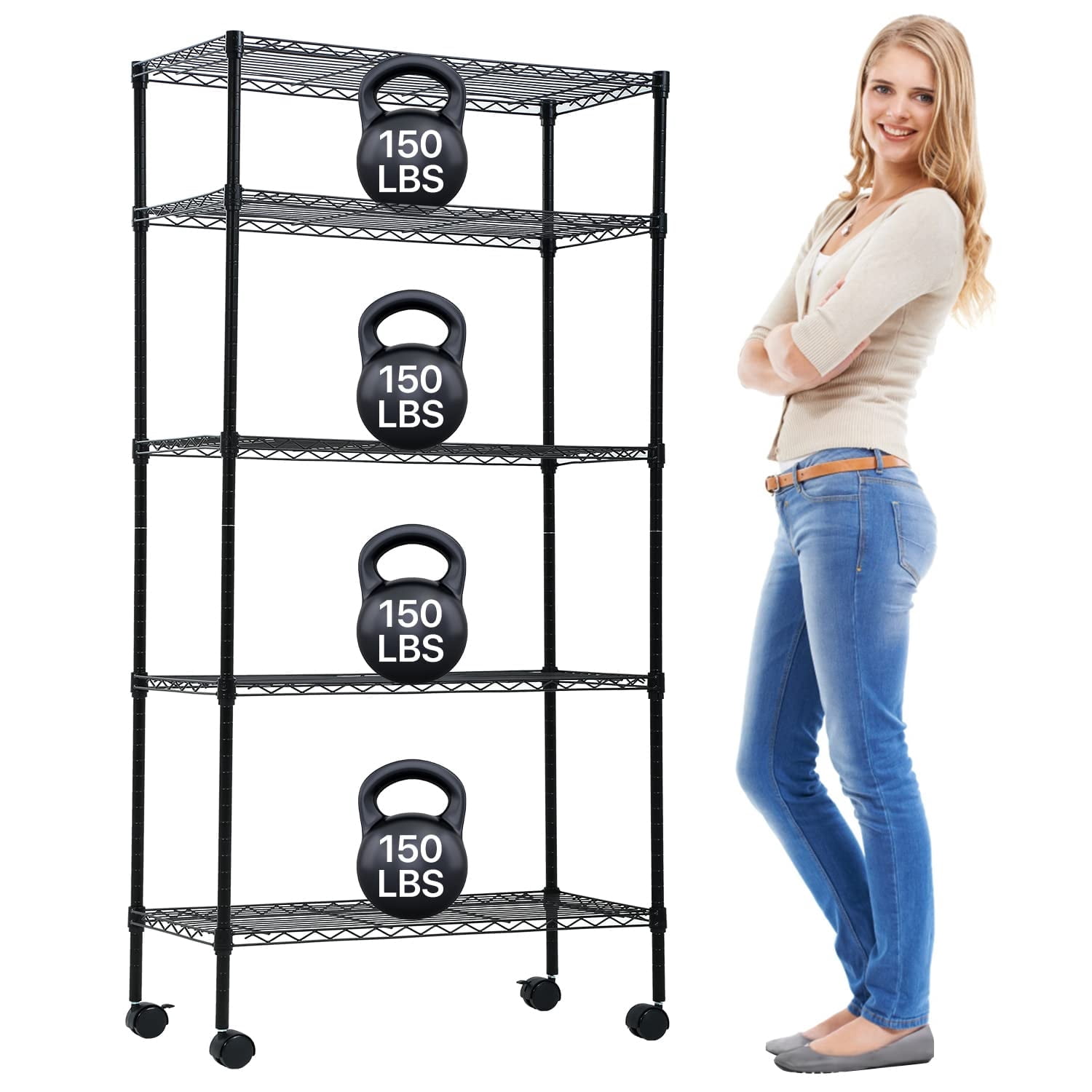 NiamVelo Storage Shelves 5-Tier Wire Shelving Unit with Wheels ,  Adjustable  Metal Shelves Heavy Duty NSF Garage Shelves  750 lbs Capacity (Black)