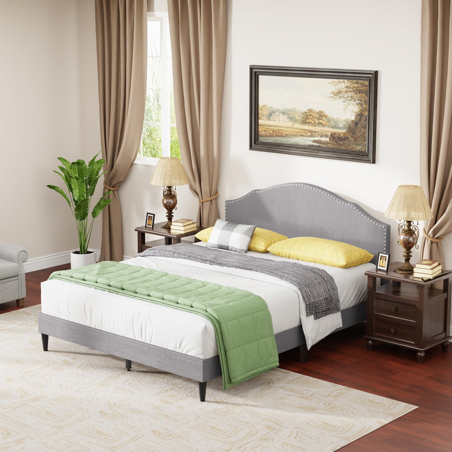 NiamVelo Upholstered Platform Bed Frame Queen Mattress Foundation with Fabric Upholstered Headboard and Wooden Slats Support, Queen