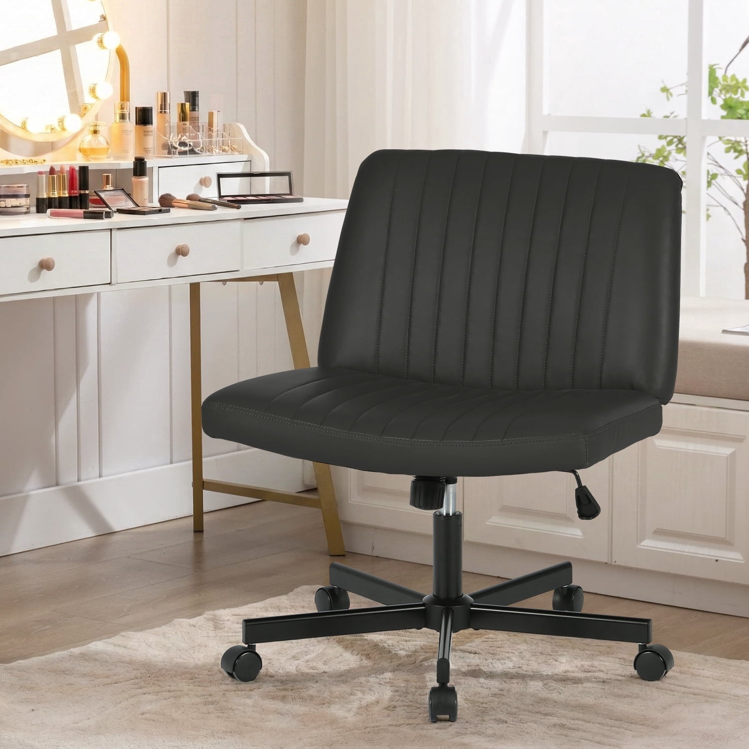 NiamVelo Vanity Chair with Wheels Criss Cross Chair Wide Desk Chair Armless Office Chair Adjustable Swivel Chair for Home Office, 250LBS Weight （Black）
