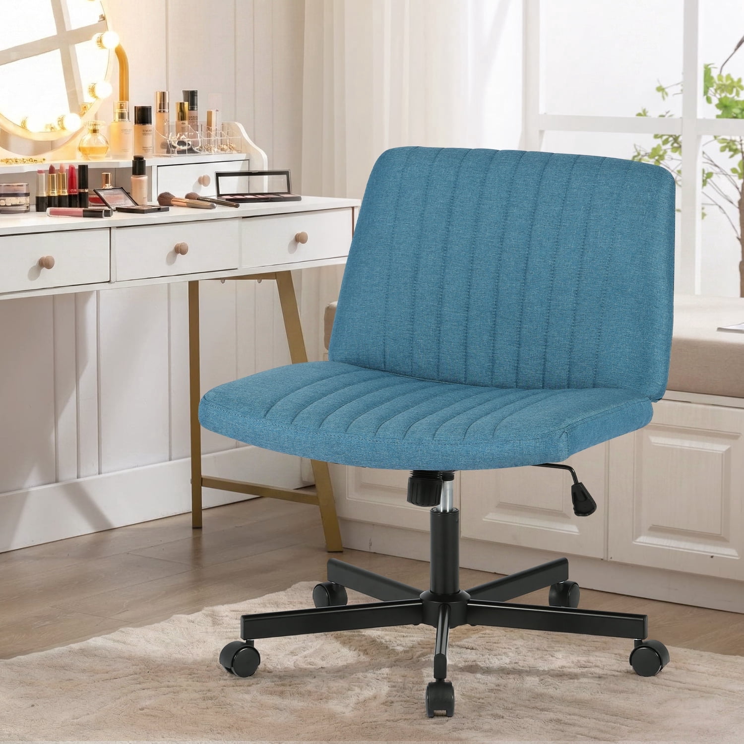 NiamVelo Vanity Chair with Wheels Criss Cross Chair Wide Desk Chair Armless Office Chair Adjustable Swivel Chair for Home Office, 250LBS Weight （Blue）