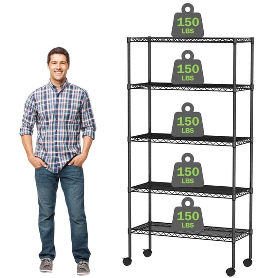 NiamVelo Wire Shelving 5 Tier Storage Shelf with Wheels Adjustable Metal Shelves Unit for Garage Home Kitchen Bathroom,60" H x 30" W x 14" D, 750Lbs Capacity, Black