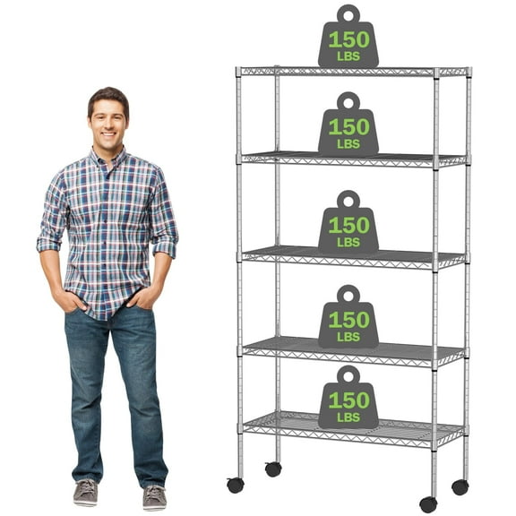 NiamVelo Wire Shelving 5 Tier Storage Shelf with Wheels Adjustable Metal Shelves Unit for Garage Home Kitchen Bathroom,60" H x 30" W x 14" D, 750Lbs Capacity, Chrome