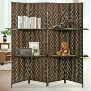 NiamVelo Wood Room Divider 4 Panel Folding Freestanding Partition with Removable Storage Shelves for Home Office, Brown