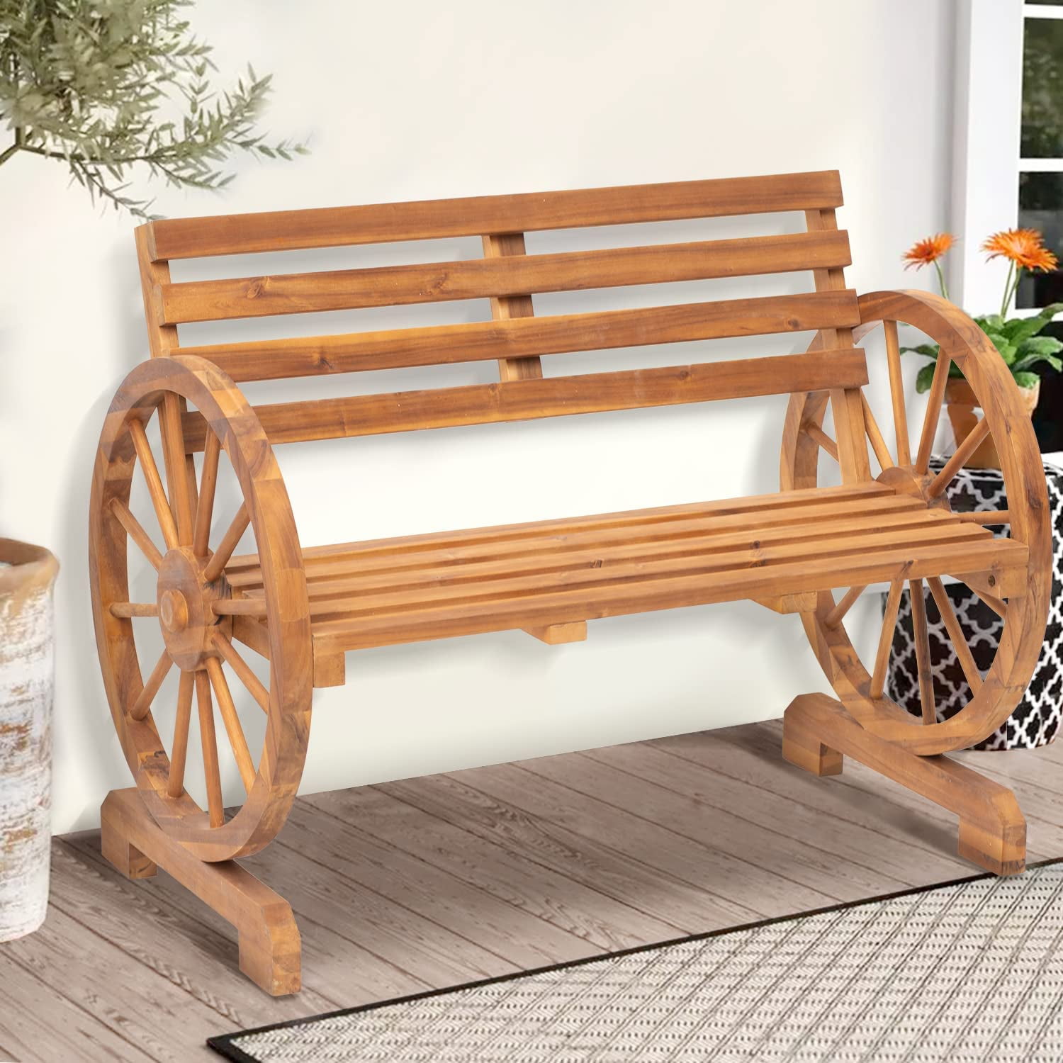 NiamVelo Wooden Wagon Wheel Bench, Wooden Bench Patio Furniture Outdoor