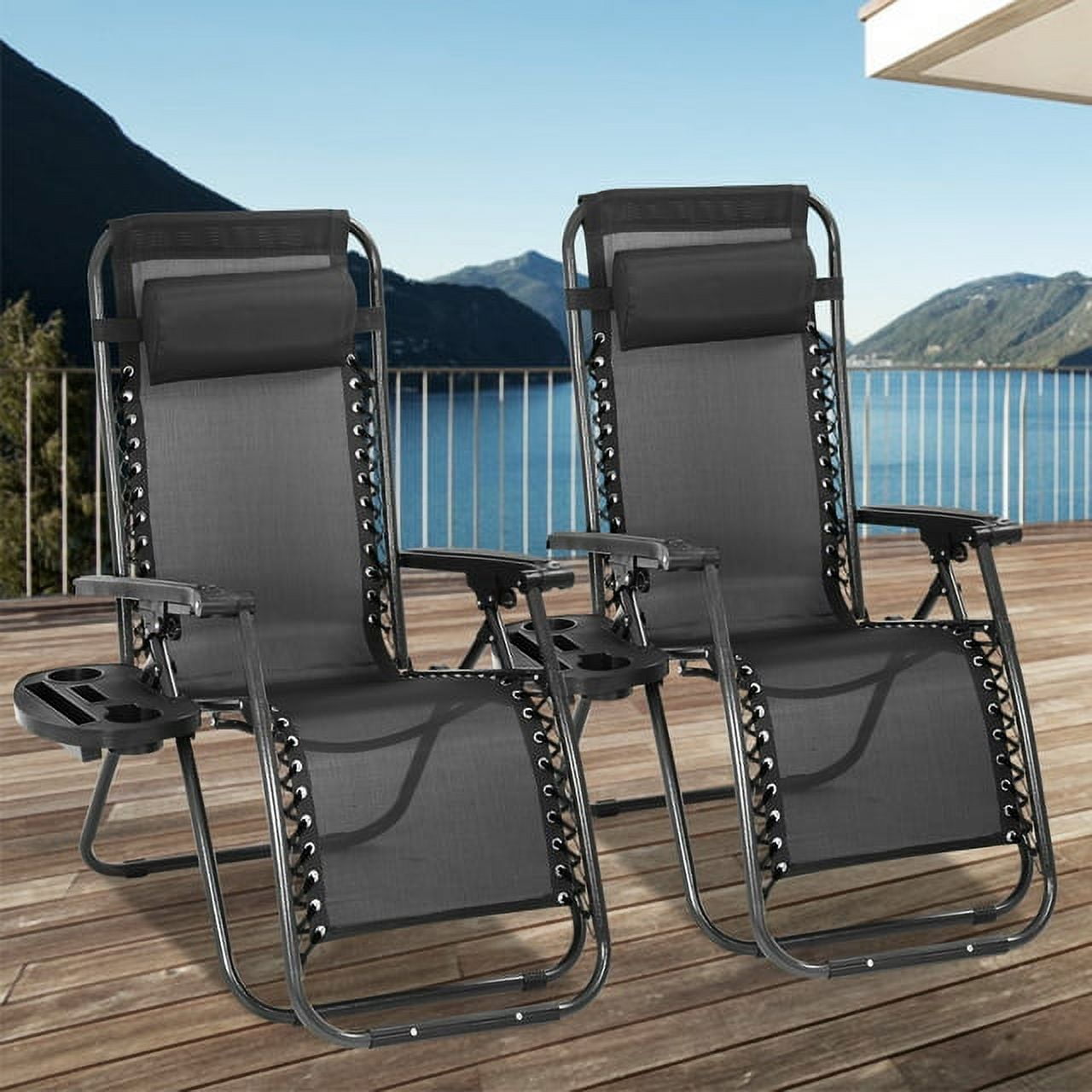 NiamVelo Zero Gravity Chairs Set of 2 Folding Patio Chair Adjustable Outdoor Lounge Chairs with Pillow & Cup Holder, Black, Size: 26 W×42.5H inch