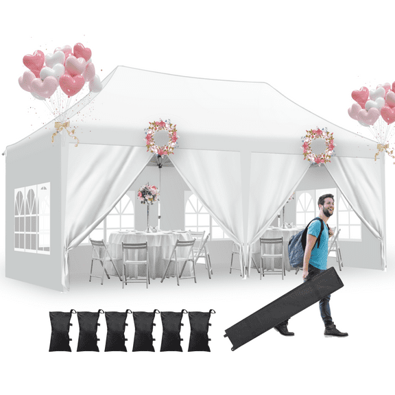 Nianles 10x20 Pop Up Canopy Tent with 6 Removable Sidewalls, Ez Pop Up Outdoor Canopy, Adjustable Waterproof Party Tent with Roller Bag, 6 Sandbags White