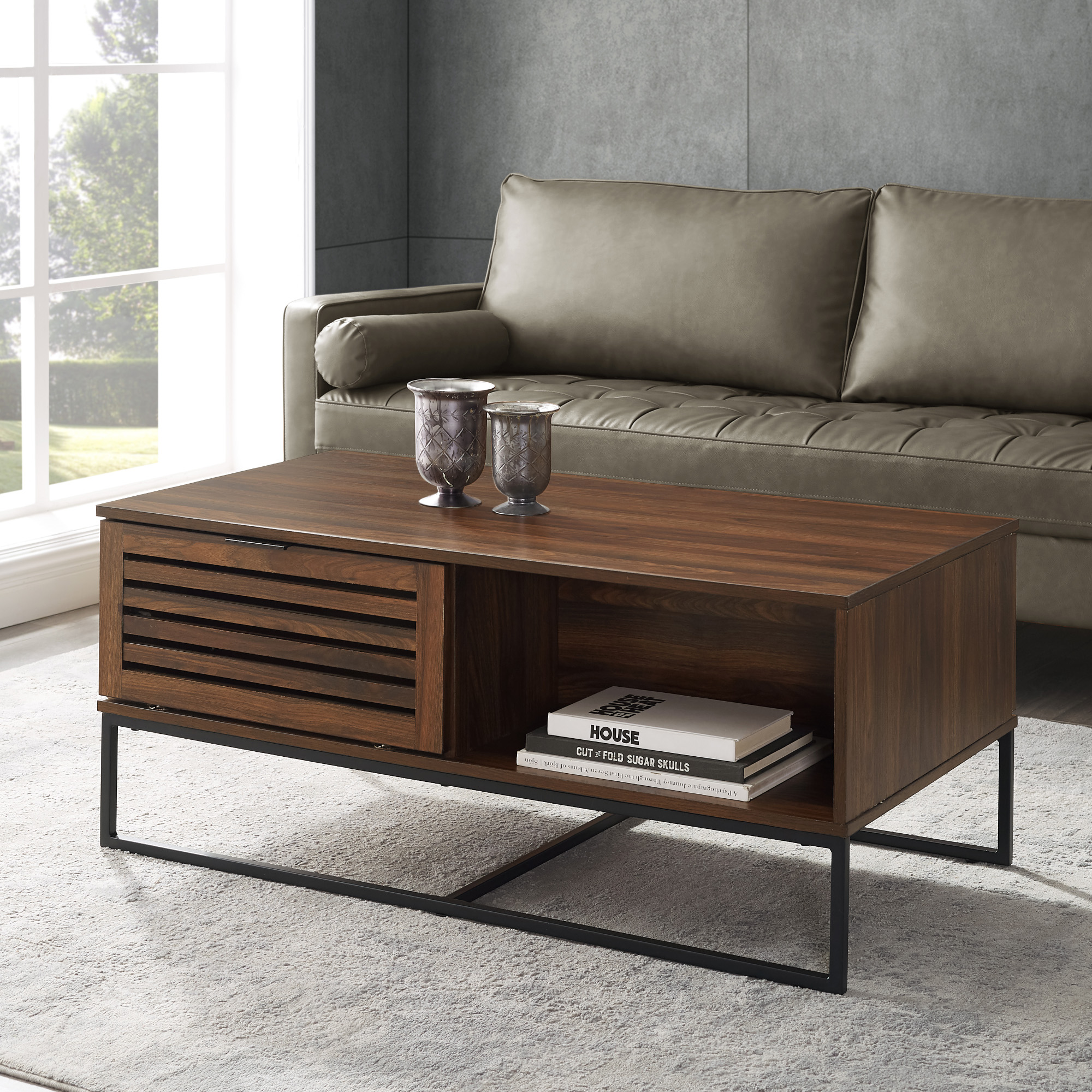 Niantic Modern Slat Door Storage Coffee Table, Dark Walnut