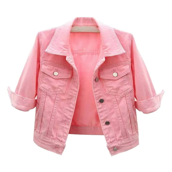 Niaviben Denim Jacket jean jacket women short sleeve jean jacket women denim jacket women denim blazer for women 3/4 Sleeve Colored Cropped Denim Jacket Light Wash Jacket Lohas Time Coat Pink L