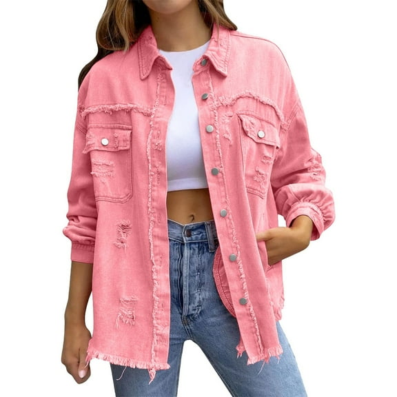 Niaviben Jean Jacket Women Ripped Denim Jacket Distressed Denim Ladies Jackets Women Jacket Women Jean Jacket Womens Denim Jacket Pink L