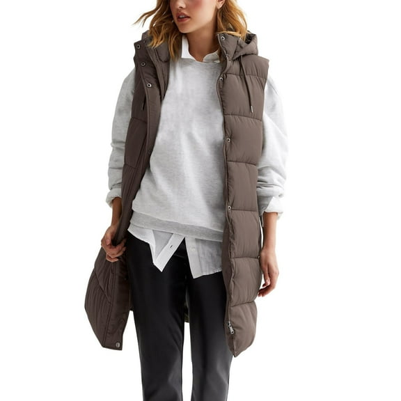 Niaviben Long Vest for Women Sleeveless Hooded Vest Quilted Vest Women Puffy Jackets for Women Womens Winter Coat Womens Puffer Jacket Long Vest for Women Coffee 2XL