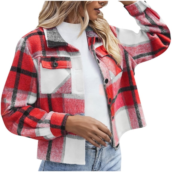 Niaviben Plaid Jacket for Woman Crop Jackets for Women Plaid Long Sleeve Shirts for Women Coat for Women Winter Coat Women Winter Coats Winter Jackets for Women Red S