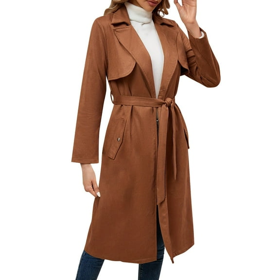Niaviben Suede Jacket Women's Long Trench Coat Lapel Coat Waterproof Rain Jacket Women Jackets for Women Waterproof Windbreaker Women Casual Jackets for Women Brown 2XL