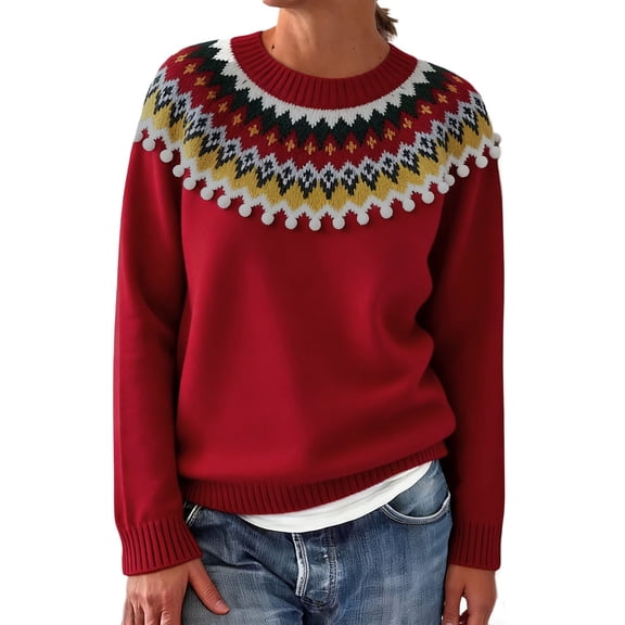 Niaviben Womens Fair Isle Sweaters Vintage Sweater Thermal Sweater for Women Winter Sweater Womens Sweater Sweaters for Women Sweaters for Women Trendy Red XS