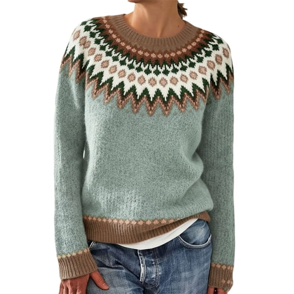 Niaviben Womens Fair Isle Sweaters Vintage Sweater Thermal Sweater for Women Winter Sweaters Women Sweater Top Women Winter Tops Light Green XL