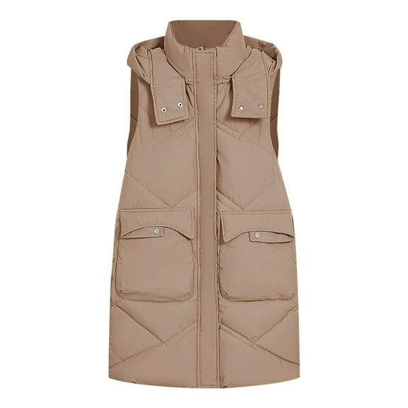 Niaviben Womens Puffer Vest Long Puffer Vest Women Hooded Puffer Jacket Women Jackets for Women Trendy Ladies Vest Women's Vest Women’s Vest Khaki 2XL