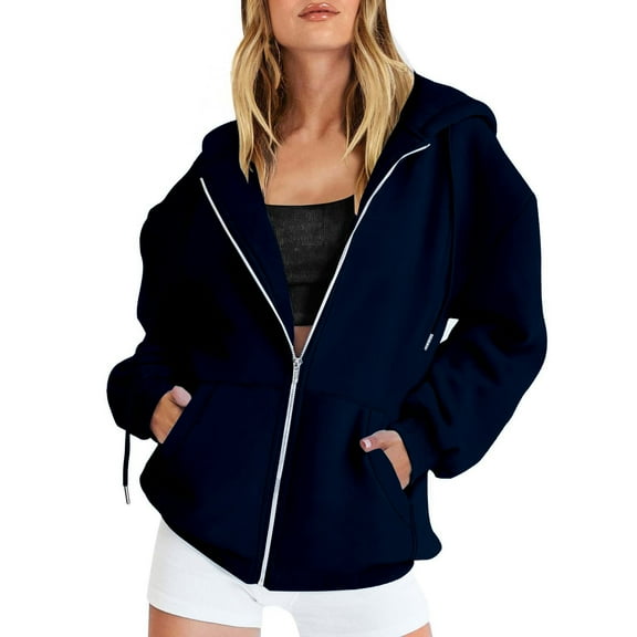 Niaviben Zip Up Hoodie Women Workout Jackets for Woman Sweatshirts for Women Womens Winter Coats Fall Jacket Pocket Drawstring Clothing Zipper Track Jacket Hooded Top Winter Coats for Women Navy L