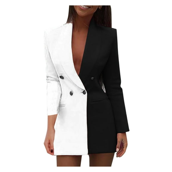 Niaviben blazers for women light jackets for women short sleeve blazers for women women's blazers & suit jackets summer blazer Woman's Colorblock Patchwork Long Sleeve V Neck Suit Dress Coat White XL