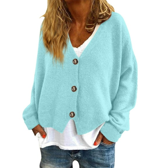 Niaviben cardigan for women button up sweaters for women winter jackets for women Autumn Spring Solid V Neck Elegant Buttons Cardigan kimonos for women lightweight cardigans for women Light Blue L