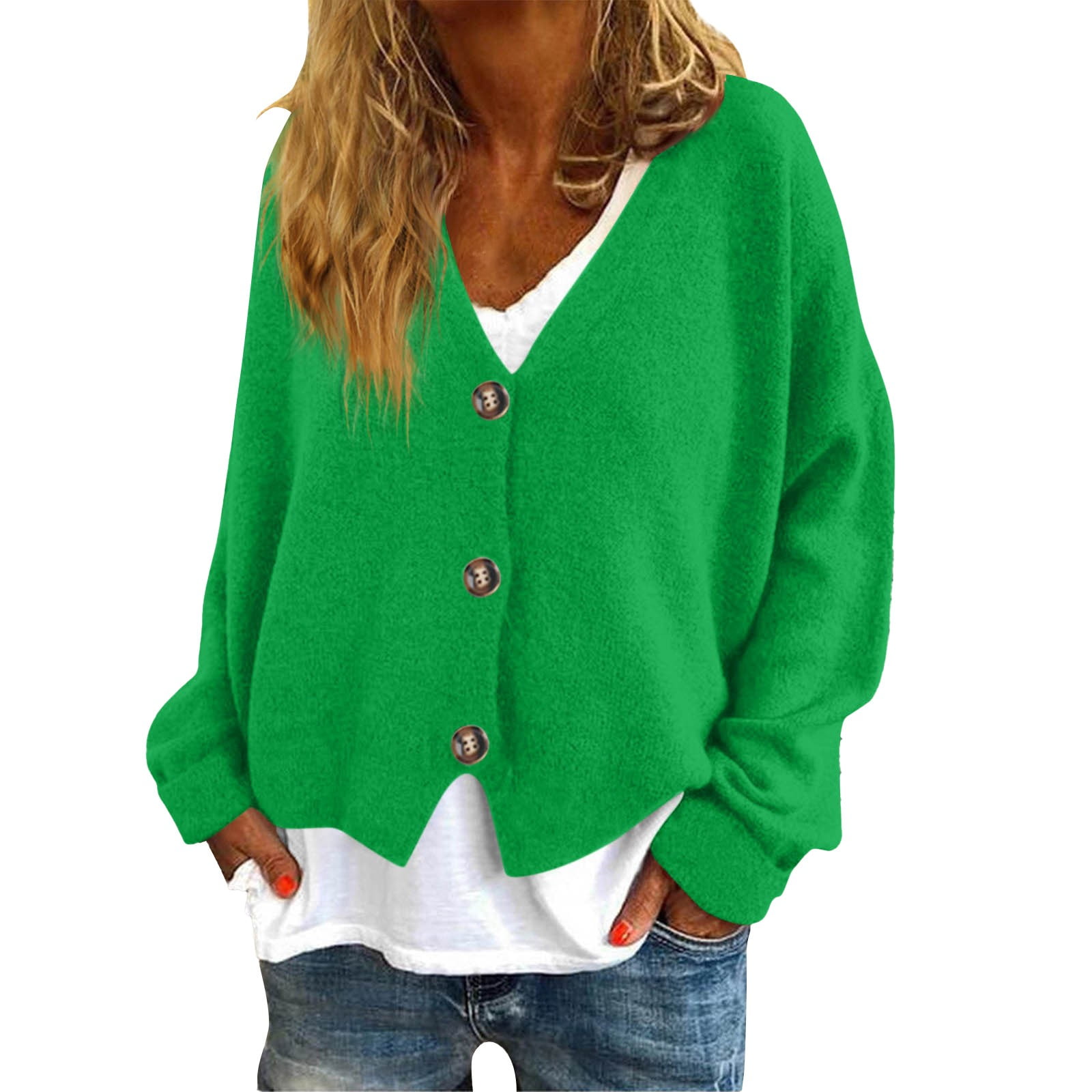 cardigan for women button up sweaters for women winter jackets for women Spring Solid V Neck Elegant Buttons Cardigan oversized sweaters for women short sleeve cardigans for women Green L