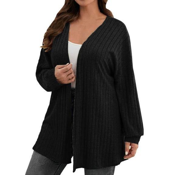 Niaviben cardigan for women crochet cardigan Long Sleeve Open Front Cardigan New Casual Solid Colour New Long Sleeve Cardigan Tops Knitted Jacket plus size womens clothing cropped cardigan Black 2XL