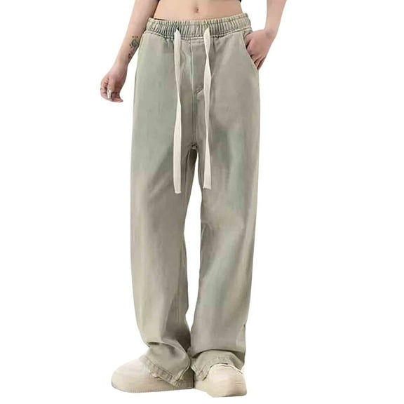 Niaviben jeans for women wide leg jeans woman high waisted jeans for women drawstring jeans women pants for women trendy Straight Jeans Pants，Vintage Wide Leg，Baggy Ripped Denim Trouser Yellow M