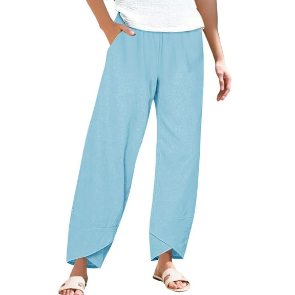Niaviben linen pants women lounge pants women sweatpants women breathable linen pants barrel pants women Women's Spring And Summer Elastic Waist Cotton Linen Loose Casual Pants Home Pants Sky Blue S
