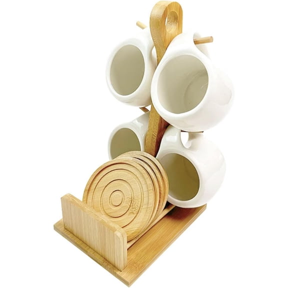 Nib Ceramic Coffee Cup Shelf Set 6 Piece Creative Cup Stand and Saucer with Bamboo Frame Combination Coffee Mugs Kitchen Accessories Display 12.6x15.6x37.5cm