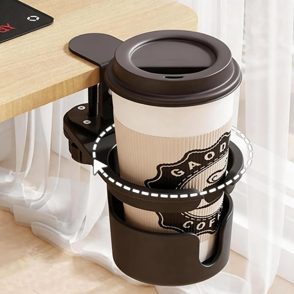 Nib No Drill Desk Cup Holder Clamp, 360 ° Rotating Anti-Spill Table Cup Holder, Adjustable Clip on Cup Holder for Gaming Desk, Gamer Gift, Drink Holder for Coffee Cup, Office Accessories (Sleek)