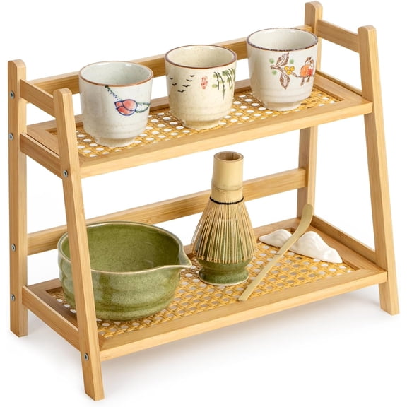 Nib Rattan-Look Matcha Station Organizer, Countertop Bamboo Tea & Coffee Accessories Station Organizer, 2 Tier Mug Holder Display Stand for Kitchen Condiment, Home, Office