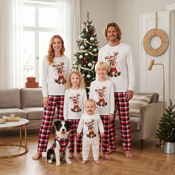 Nibbcoa Christmas Family Matching Pajamas Sets Reindeer Prints Shirt Plaid Pants