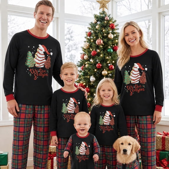 Nibbcoa Christmas Family Pajamas Matching Set Long Sleeve Christmas Tree Print Tops and Plaid Pants