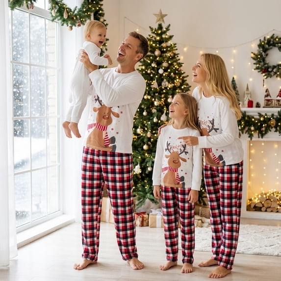 Nibbcoa Christmas Family Pajamas Matching Set, Long Sleeve Elk Print T-shirt with Plaid Pants