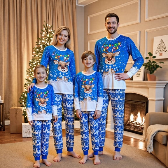 Nibbcoa Christmas Family Pajamas Matching Set, Long Sleeve Elk Print T-shirt with Tree Print Pants