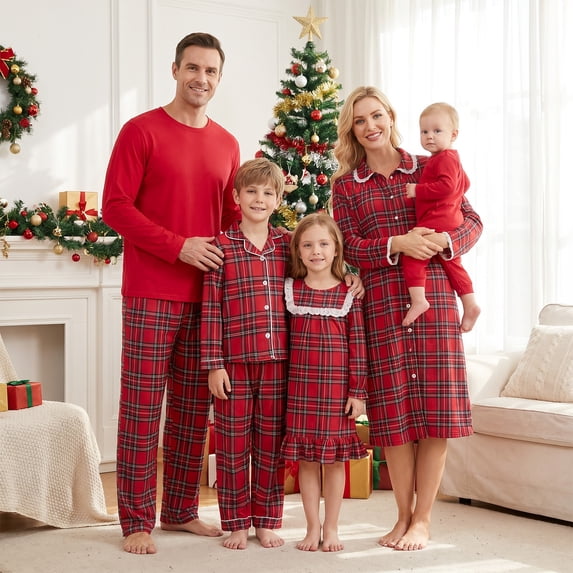 Nibbcoa Christmas Family Pajamas Matching Set, Long Sleeve Top with Pants Plaid Loungewear