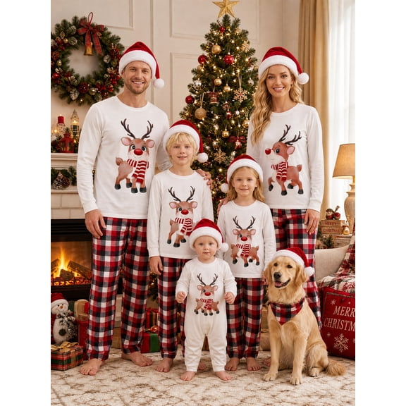 Nibbcoa Family Matching Christmas Pajamas Outfits, Long Sleeve Elk Printed Tops Elastic Plaid