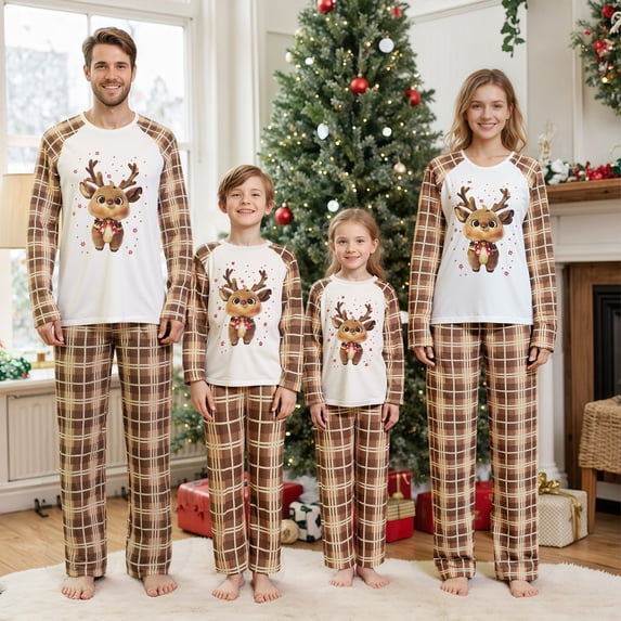 Nibbcoa Family Matching Christmas Pajamas Set Plaid and Reindeer Print Holiday Pajamas Sleepwear