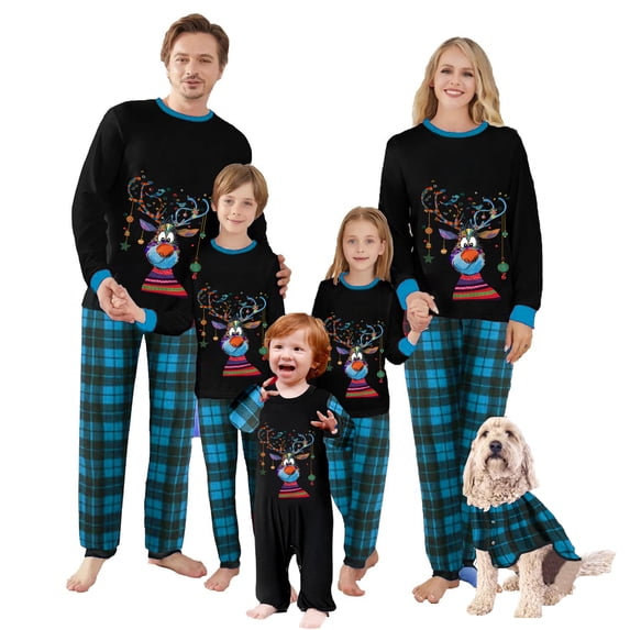 Nibbcoa Family Matching Christmas Pajamas Set Reindeer Plaid Print Holiday Pajamas Sleepwear