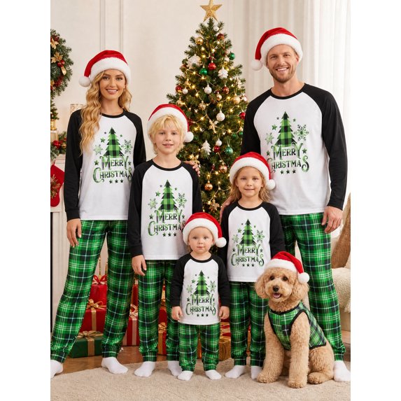 Nibbcoa Family Matching Pajamas Set, Christmas Tree Letter Print Round Neck Plaid Long