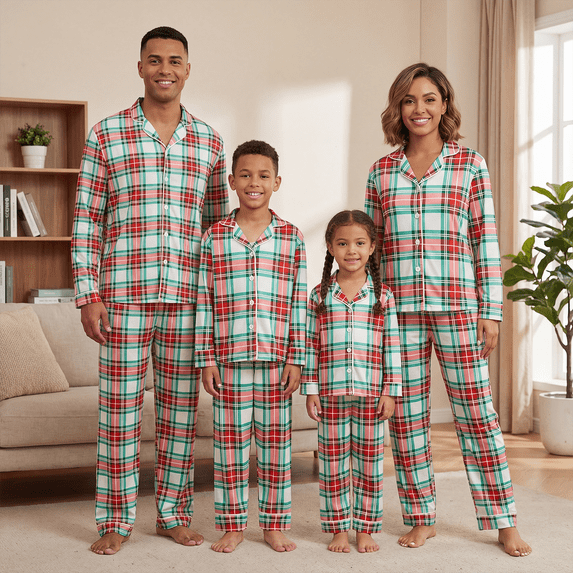 Nibbcoa Family Matching Pajamas Set Classic Plaid Long Sleeve Turn Down Collar Tops Loungewear