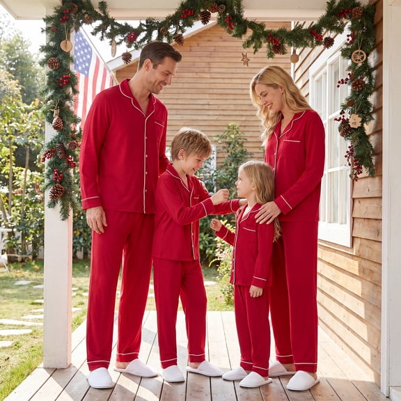Nibbcoa Family Matching Pajamas Set, Contrast Trim Turn Down Collar Long Sleeve Tops and Pants