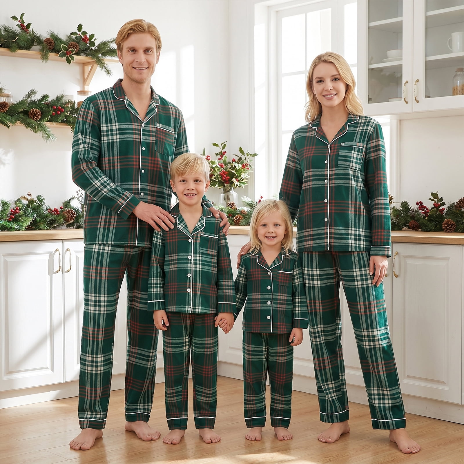 Red Breakfest Sign Nibbcoa Family Matching Pajamas Set Green Red Plaid Button Down Long ...
