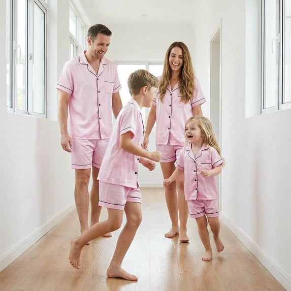 Nibbcoa Family Matching Pajamas Summer Solid Colors Short Sleeves Shirt and Elastic Loungewear