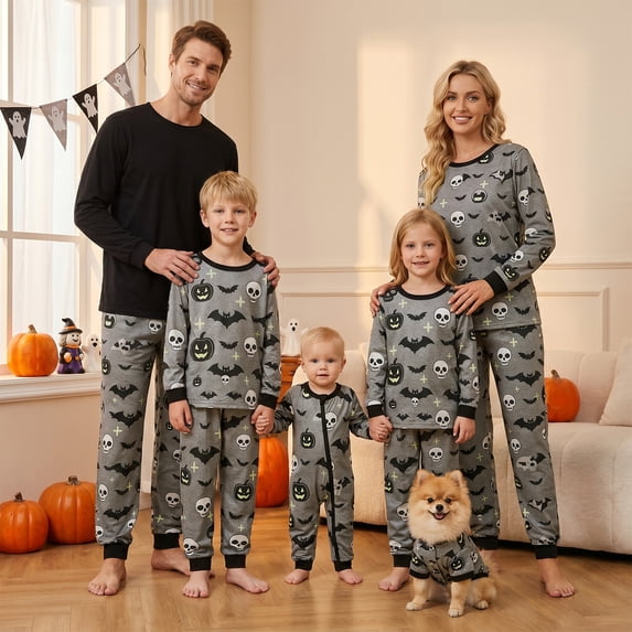Nibbcoa Halloween Pajamas for Family Pumpkin Print Long Sleeve Tops + Pants Set