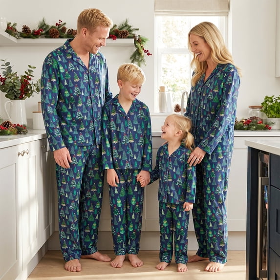 Nibbcoa Matching Christmas Pajamas for Family Long Sleeve Pine Tree Print Tops + Pants Set
