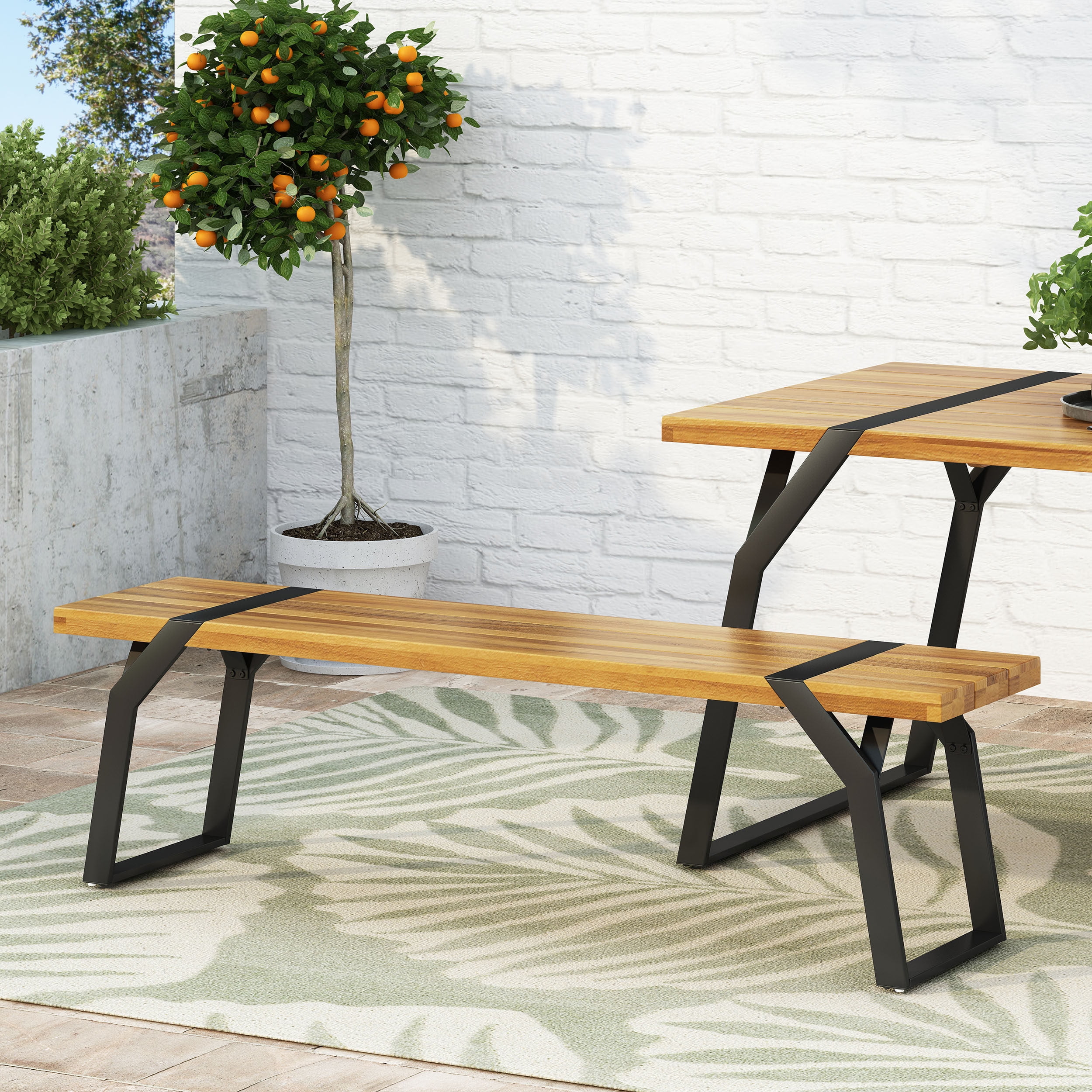 Sleek Black Metal and Teak Wood 63'' Outdoor Bench