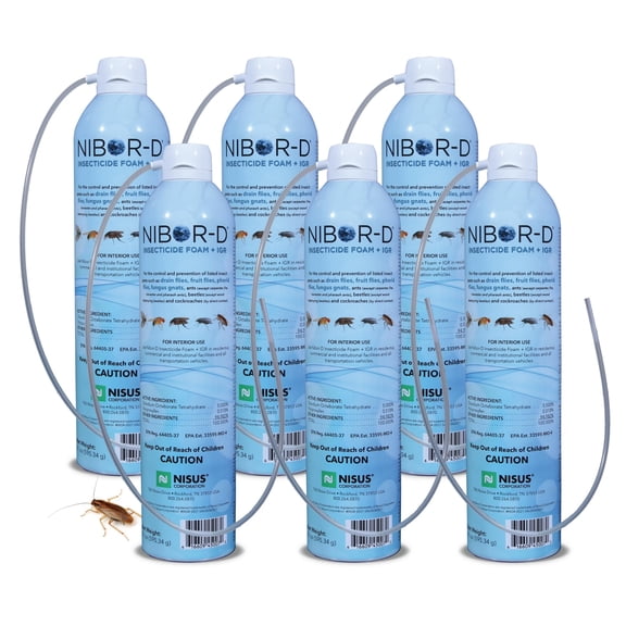 Nibor-D Insecticide Foam with IGR, Ready-to-Use for Fly and Cockroach Control, 360 Degree Application, Includes 17" Hose, (6 Pack, 21 oz Can)
