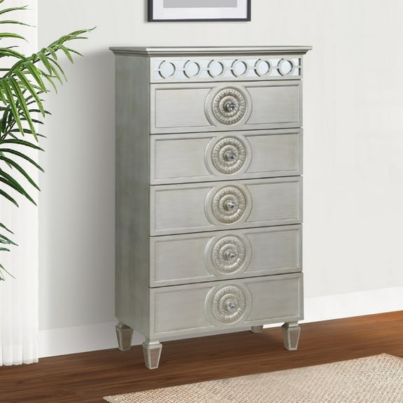 Nic 54 Inch Modern Tall Dresser Chest 5 Drawers Round Knobs Silver - Saltoro Sherpi